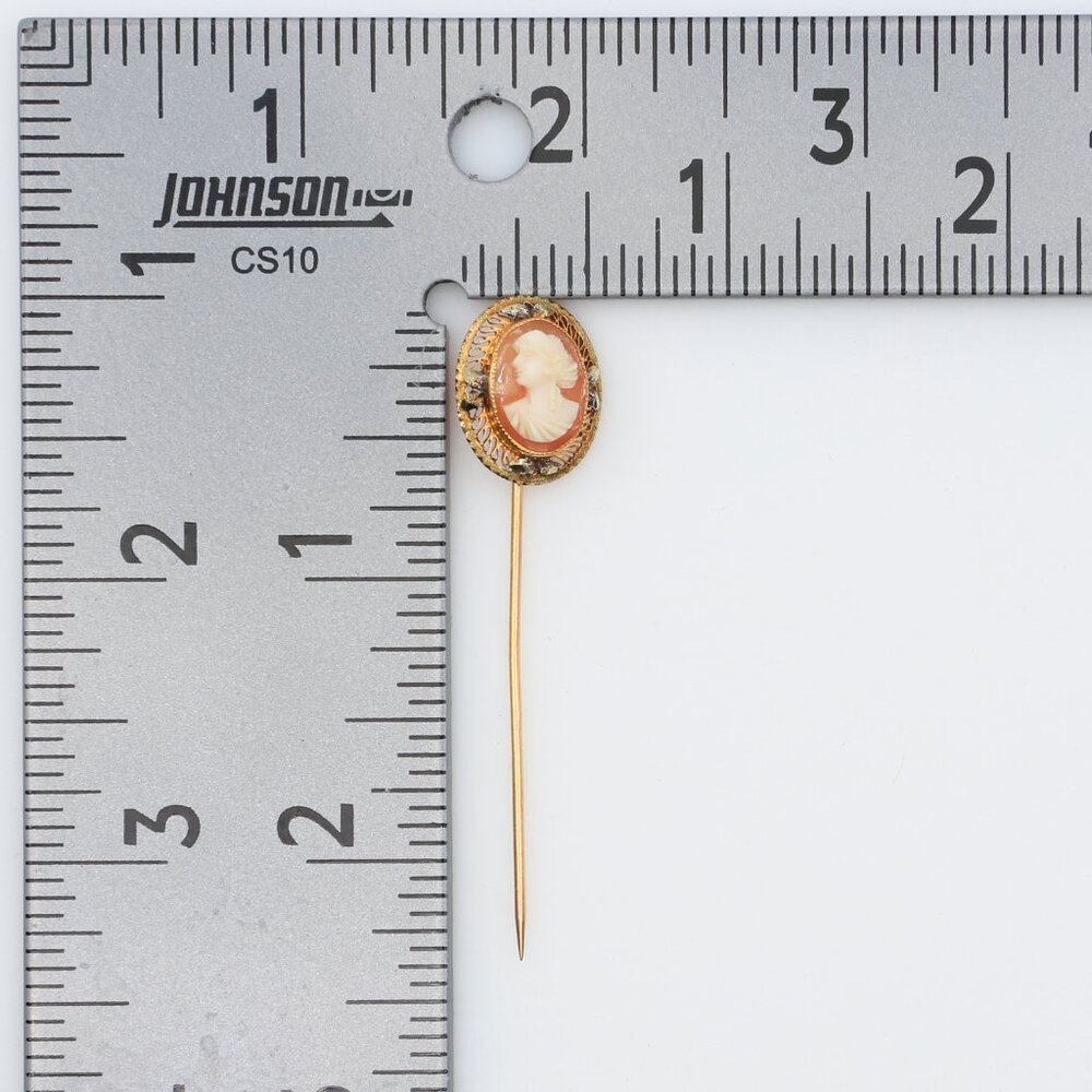 Vintage 10K Gold Shell Cameo Stick Pin Edwardian Filigree Portrait 1910s - Picture 5 of 5